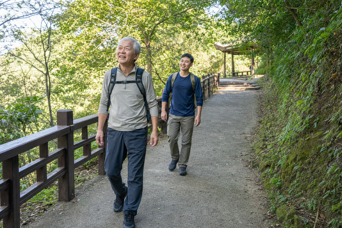 熟齡長輩與家人在平緩郊山步道健行