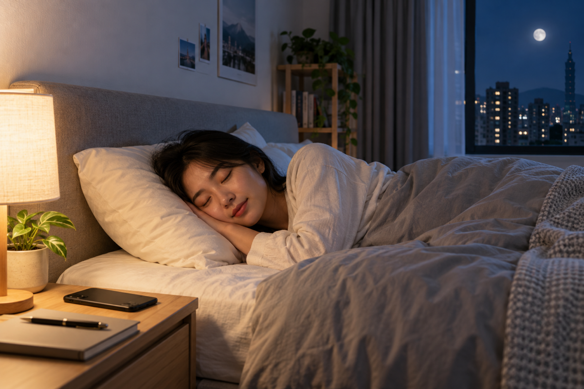 年輕上班族在夜間臥室安穩入睡,手機放在床邊桌上