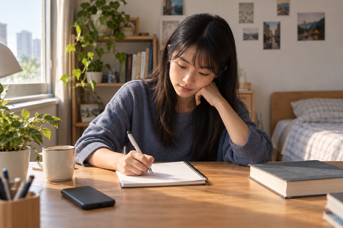 學生將課本放在一旁,使用筆記本練習主動回想